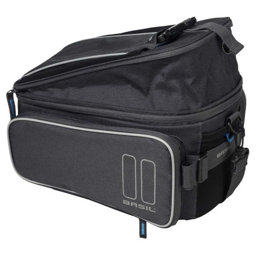 The Basil Sport Design MIK Bag in Graphite & Blue features reflective trim, side pocket, zip closures, and a carrying handle. Designed for eBike racks, it's fully MIK compatible for easy mounting.