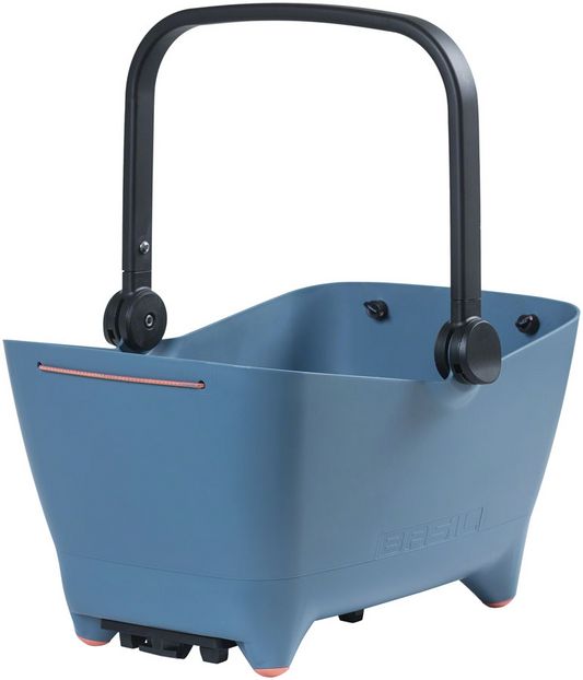 The Basil Buddy Dog Basket MIK by Basil is a blue plastic basket with a black adjustable handle, made for bicycle rear racks. It’s MIK compatible and ideal as an eBike accessory.