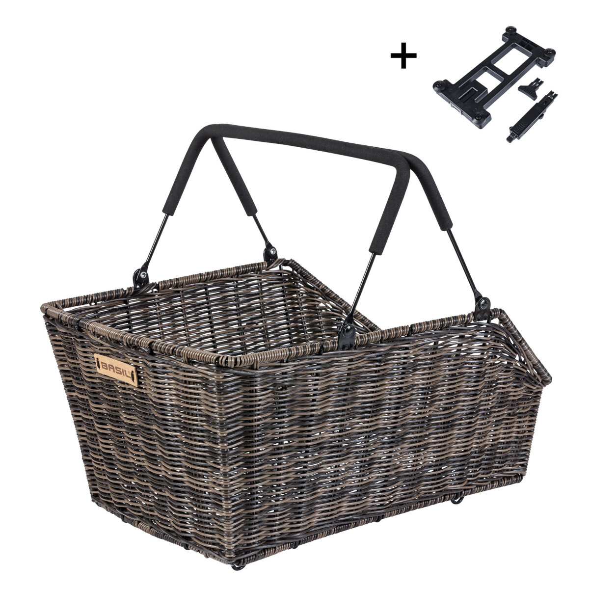 The Basil Cento Rattan MIK Basket by Basil is a rectangular, rattan-look bike basket with two padded handles, a branded label, and includes a separate black mounting bracket—ideal for rear mounting with the MIK system.