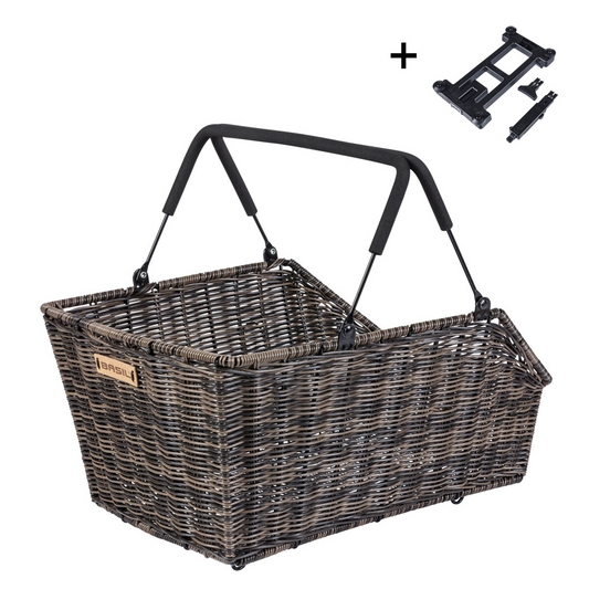 The Basil Cento Rattan MIK Basket by Basil is a rectangular, rattan-look bike basket with two padded handles, a branded label, and includes a separate black mounting bracket—ideal for rear mounting with the MIK system.
