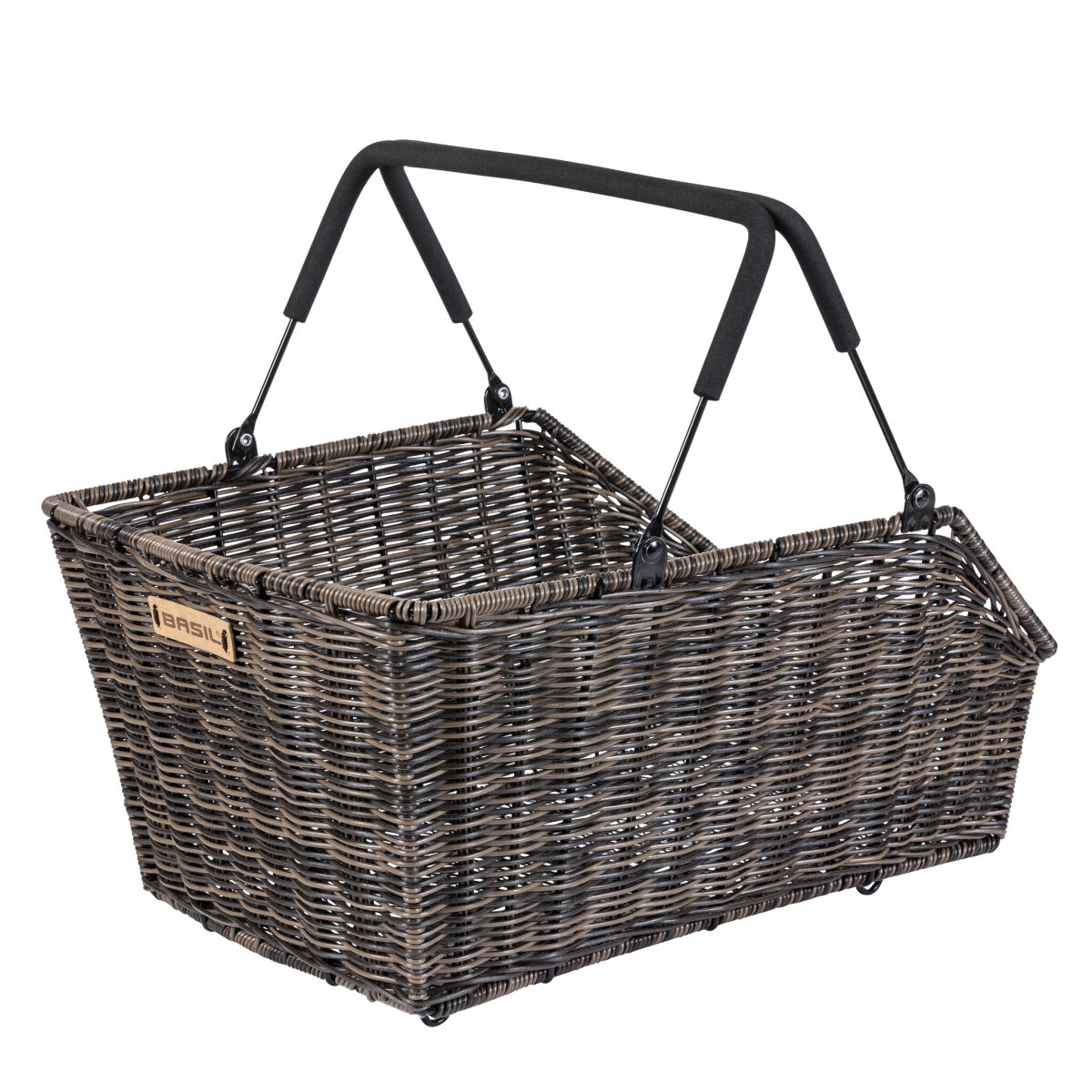 The Basil Cento Rattan MIK Basket by Basil features a rectangular rattan look, black metal handles with padded grips, and a wooden label—ideal for carrying or attaching to your bike’s rear rack.