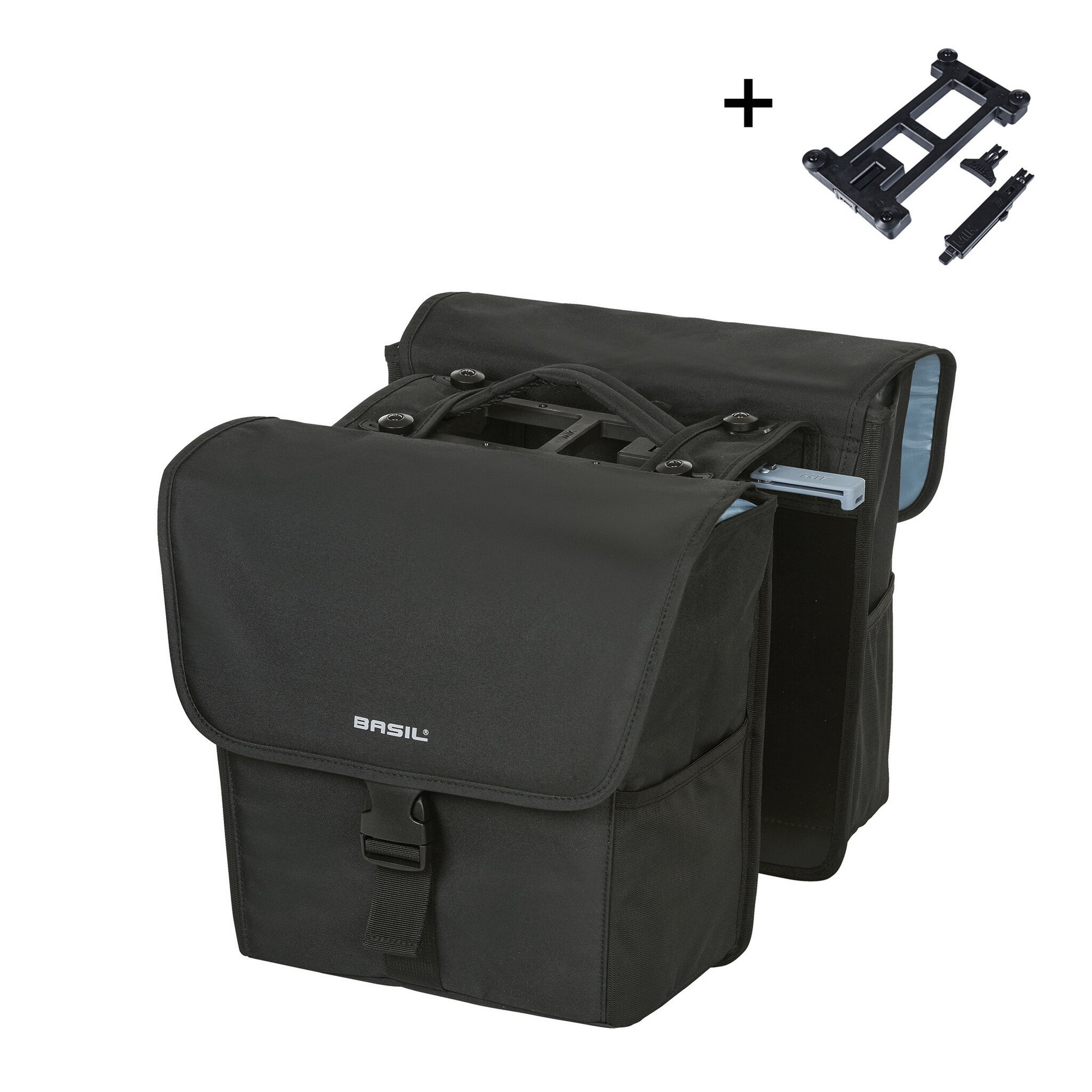 The Basil Go MIK Double Pannier Bag by Basil is a black bicycle bag with flap covers and buckles, shown with a separate mounting bracket above.