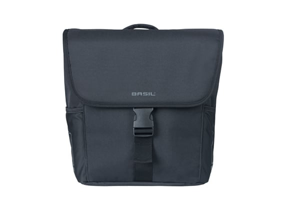 The Basil Go MIK Double Pannier Bag by Basil is a black rectangular bag featuring a flap cover, side pockets, top handle, front buckle closure, and the Basil logo on the front.