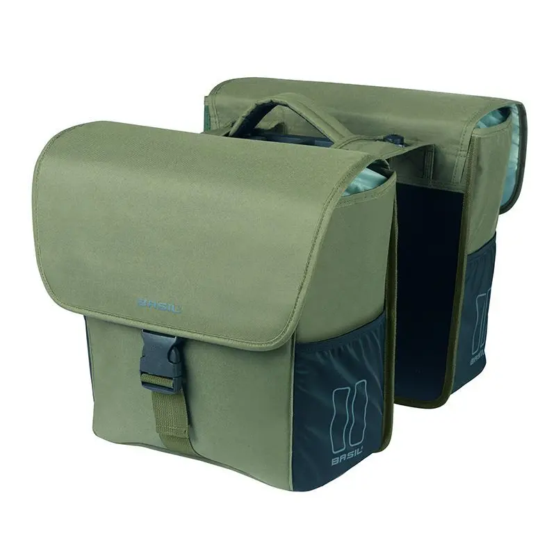 The Basil Go MIK Double Pannier Bag by Basil is an olive green bicycle bag with large flaps, side pockets, and a central handle for easy carrying.