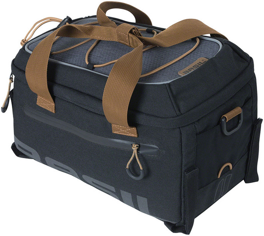 A black and grey duffel bag with brown handles and zippers, featuring multiple compartments and a rugged, waterproof design from Basil, named the Bag - Basil Miles MIK Brown.