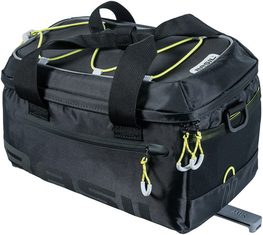 A black Basil Miles MIK Lime with two carrying handles, yellow accents on zippers, and a reflective strip, designed for bicycle mounting.