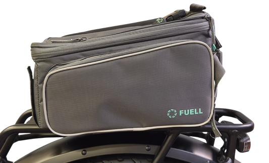 A Basil Sport Design MIK Bag in graphite & mint is attached to a black bike rack, featuring a front zippered pocket, top handle, and MIK adapter system compatibility for secure mounting.