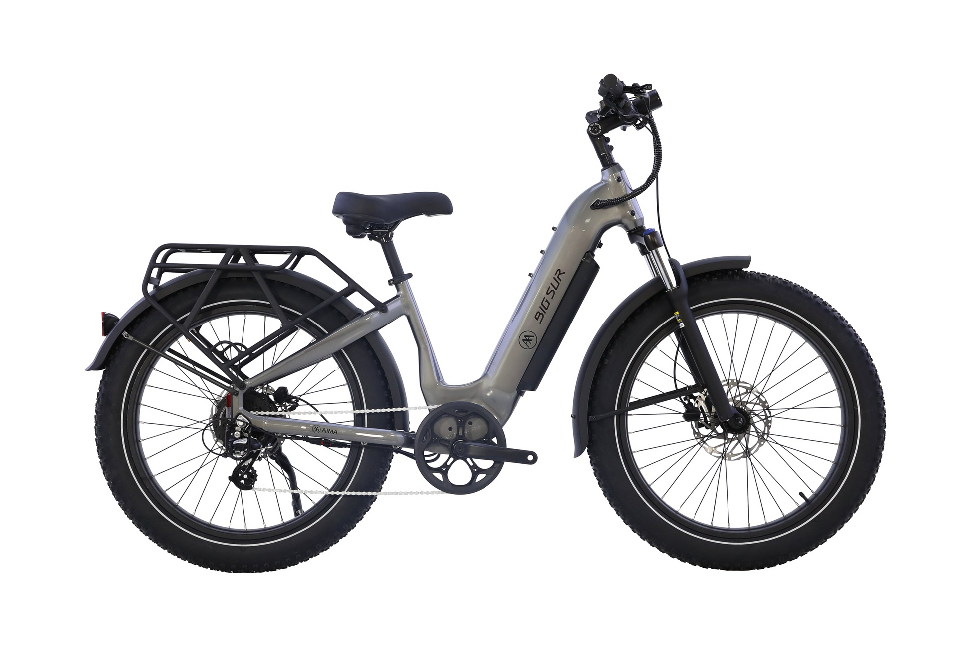 Side view of the AIMA Big Sur 2.0 by AIMA, a gray fat tire electric bike with long range, front suspension, rear cargo rack, and step-through frame, isolated on a white background.