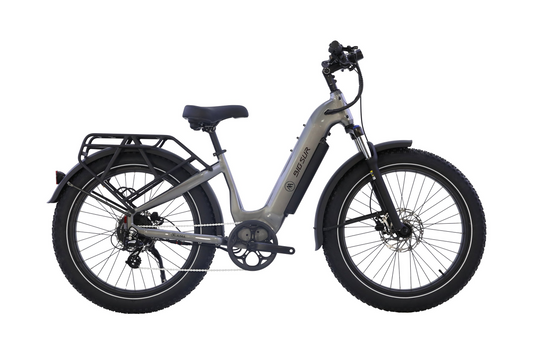 Side view of the AIMA Big Sur 2.0 by AIMA, a gray fat tire electric bike with long range, front suspension, rear cargo rack, and step-through frame, isolated on a white background.