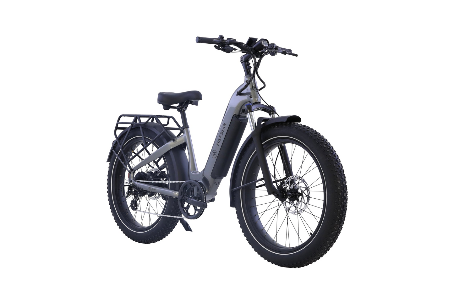 The AIMA Big Sur 2.0, a gray fat tire electric bike with front suspension, rear cargo rack, upright handlebars, and long range capability from AIMA, is shown on a white background.