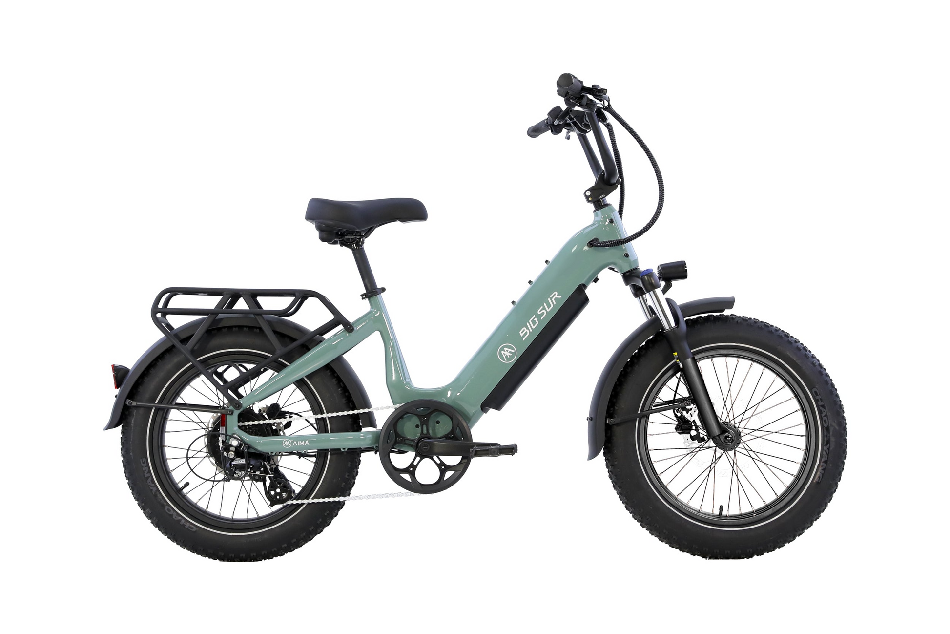 The AIMA - Big Sur Sport 2.0 by AIMA is a matte green fat tire electric bike with a rear cargo rack, front suspension fork, and upright handlebars, shown in profile on a white background.