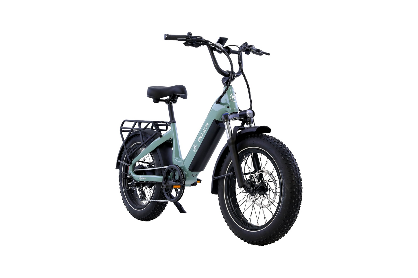 The AIMA - Big Sur Sport 2.0 by AIMA is a light green fat tire electric bike featuring thick tires, black fenders, an upright handlebar, and a rear cargo rack, shown on a white background.