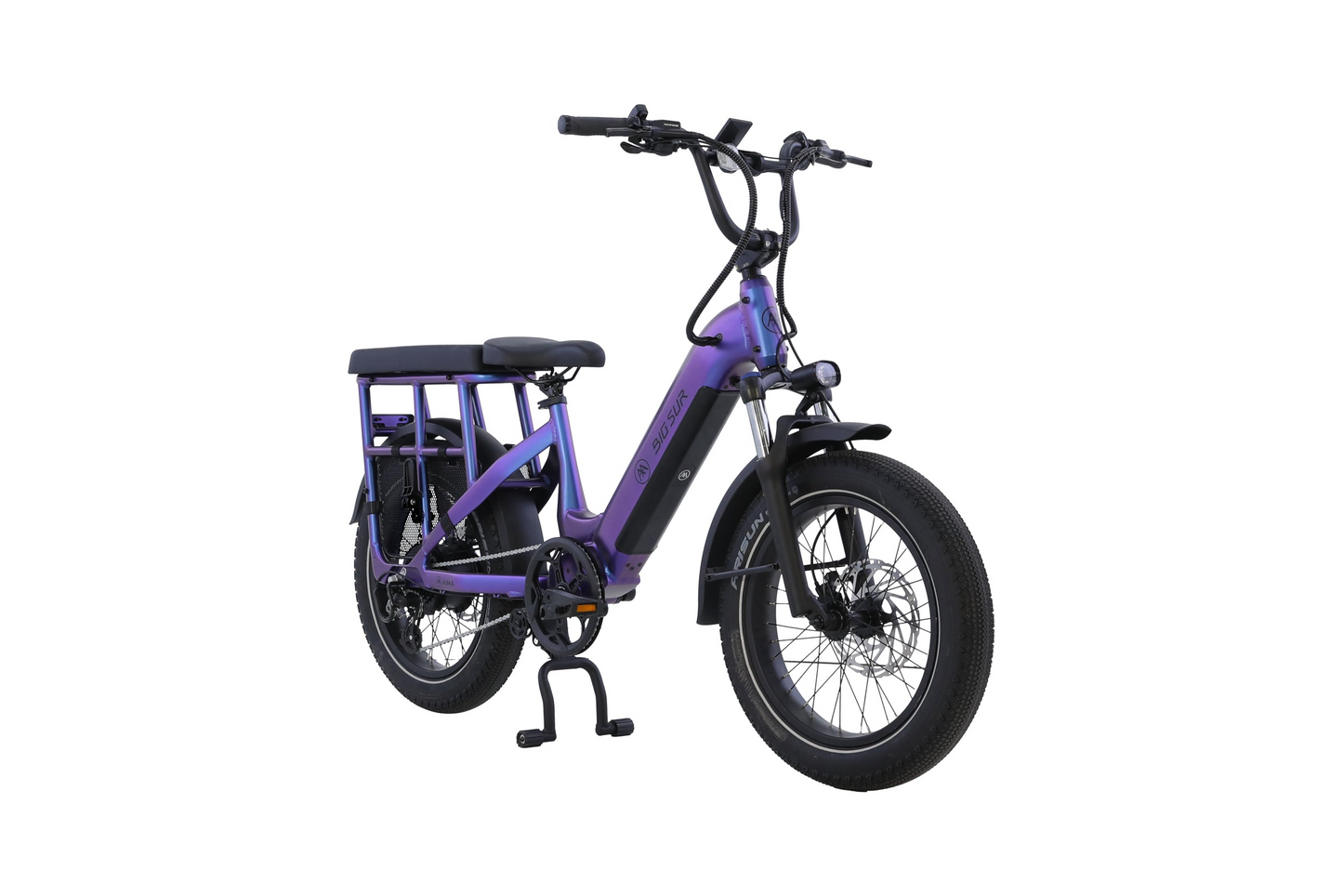 The AIMA - Big Sur U Cargo, a purple utility eBike by AIMA with thick tires, front suspension, double seat, and a rear rack, is displayed on a white background.