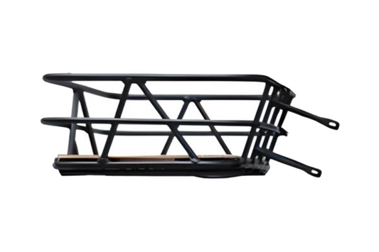 The AIMA - Big Front Basket, by AIMA, is a black metal cargo rack with a wooden bottom and universal fit, designed for seamless attachment to a bicycle's rear.