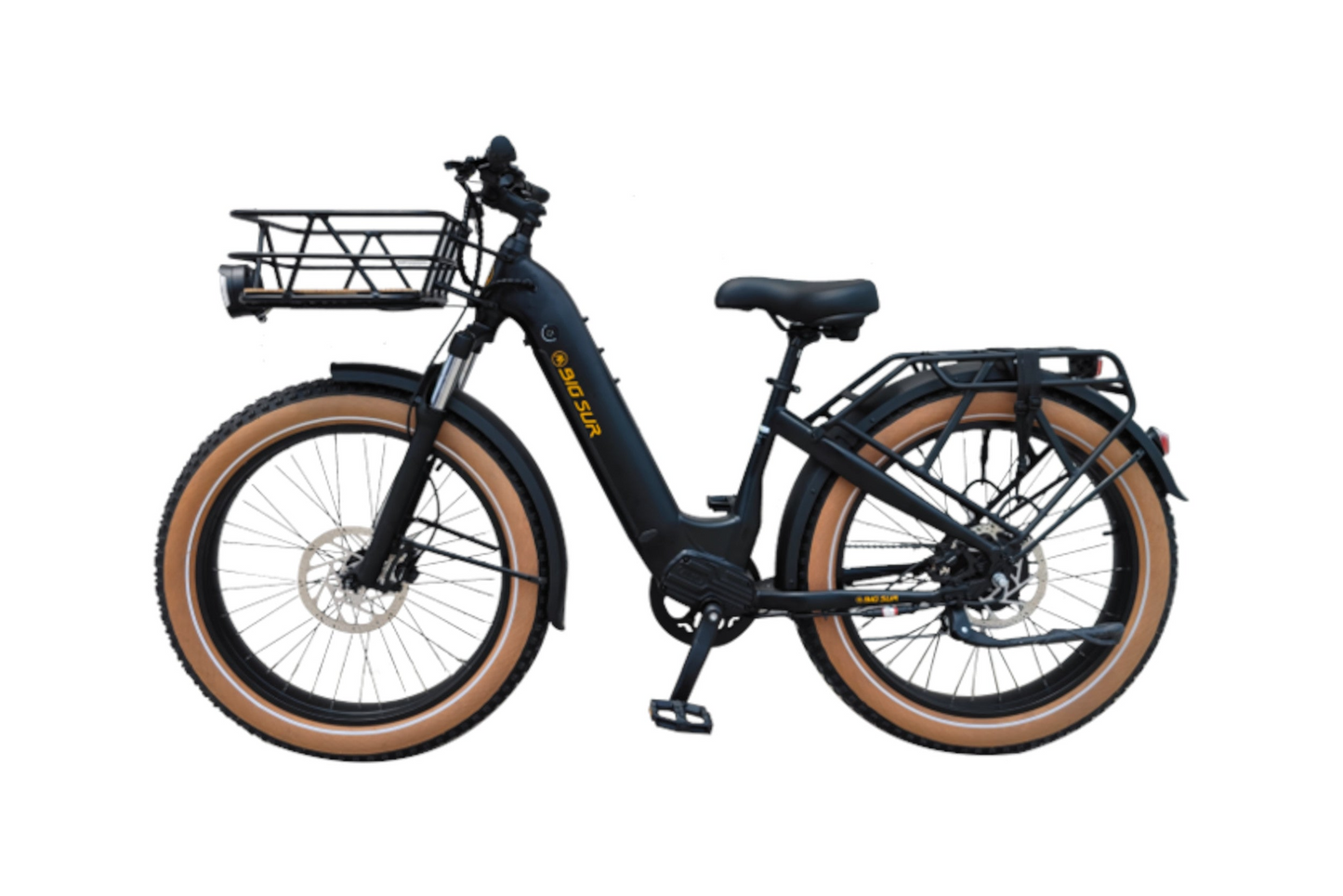 The AIMA black electric bicycle features tan tires, a Big Front Basket, and rear rack. Its step-through aluminum alloy frame provides a universal fit for all riders.