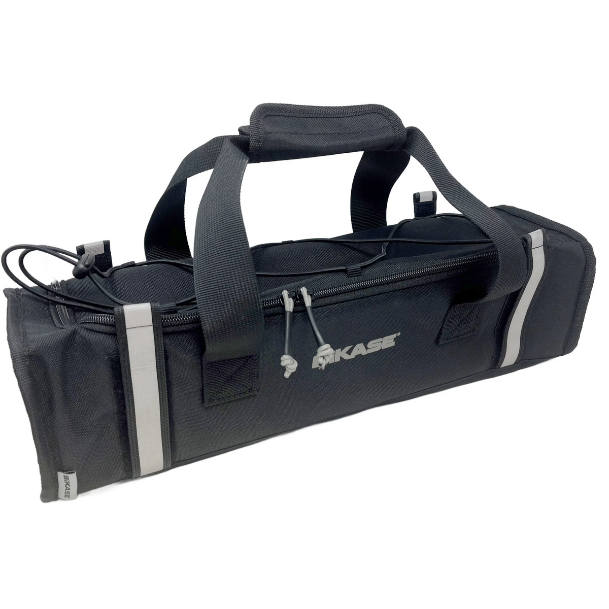 Sure! Here’s a revised version of your sentence using the provided product data: The BiKASE E-Bike Battery Rack Bag is a black, rectangular carrying case featuring handles, zipper closure, reflective strips, and the “BiKASE” logo on the side. Designed for transporting or storing equipment, it’s an ideal solution for storing your Bosch Powertube battery and accessories or using as a convenient battery rack bag.