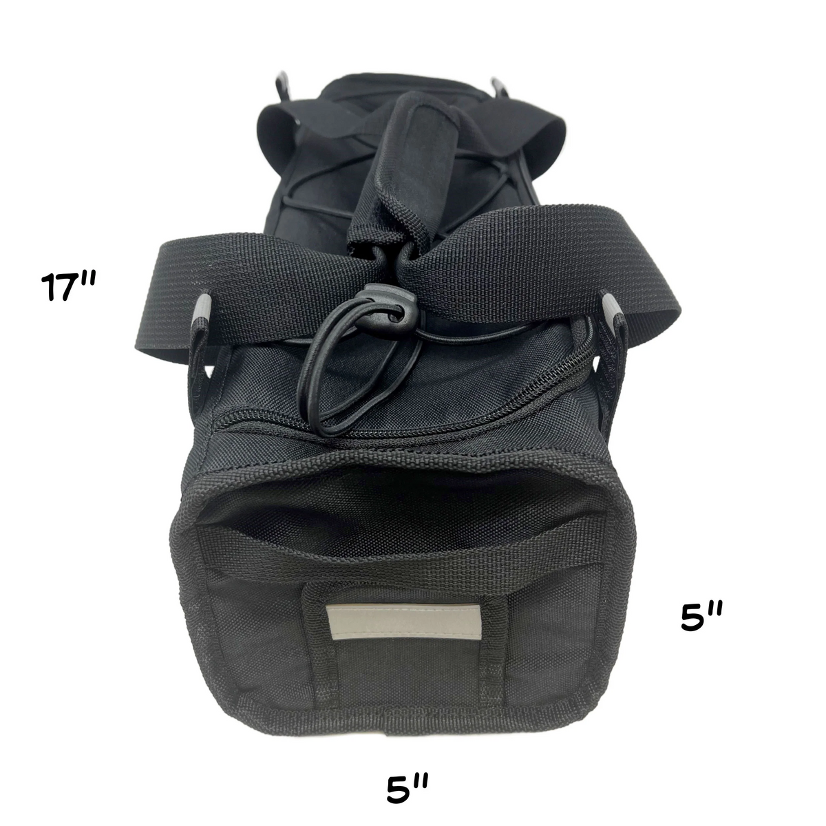 The BiKASE E-Bike Battery Rack Bag is a black duffel bag featuring carrying handles and a shoulder strap, measuring 17 inches long by 5 inches wide by 5 inches tall—perfect for storing e-bike batteries such as Bosch Powertube models.