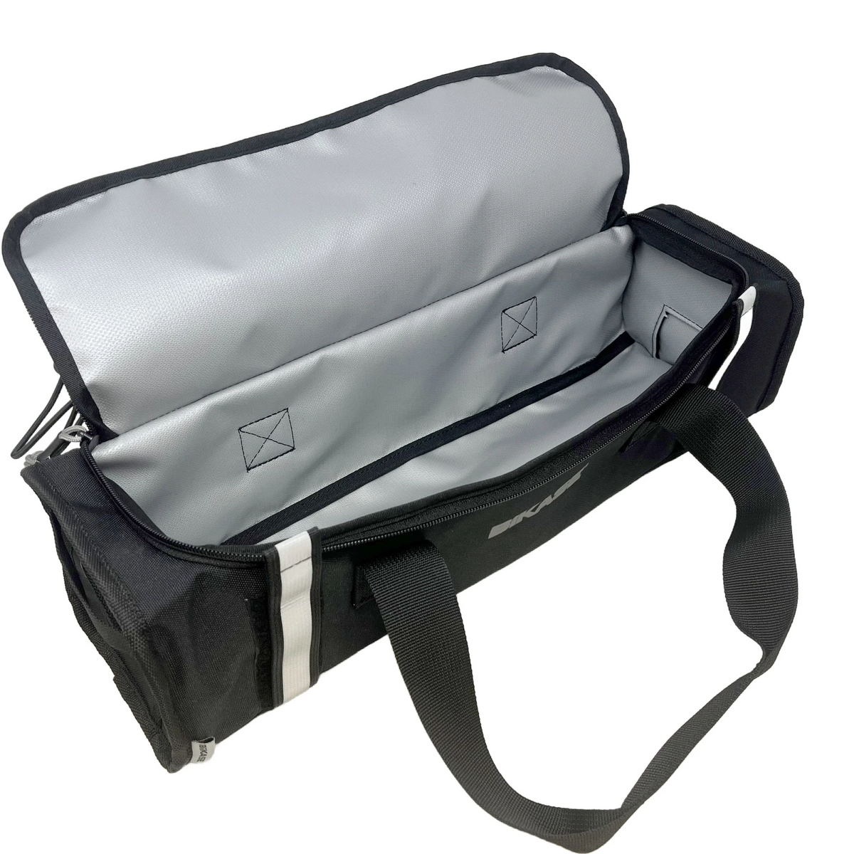 The BiKASE E-Bike Battery Rack Bag features a black and gray design with an open main compartment, revealing a spacious, empty interior and two stitched square reinforcements inside—perfect for storing your Bosch Powertube battery or using as a convenient e-bike battery rack bag.