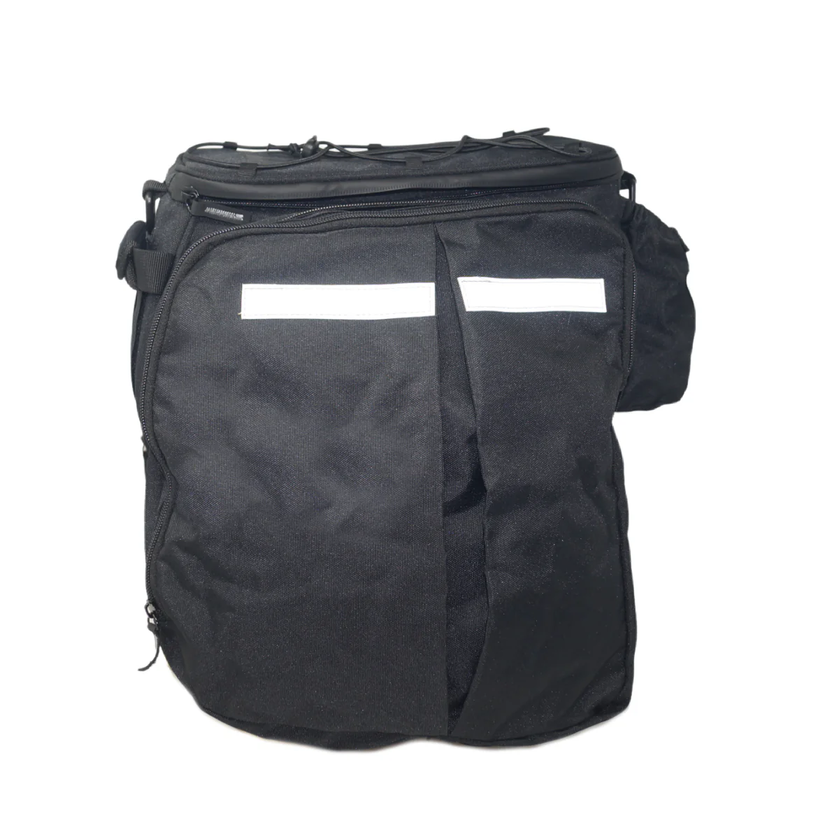 The Bikase Big Daddy MIK by Bikase is a black backpack made from 600D polyester, featuring two reflective strips on the front, multiple compartments, and a top handle for adjustable storage options.