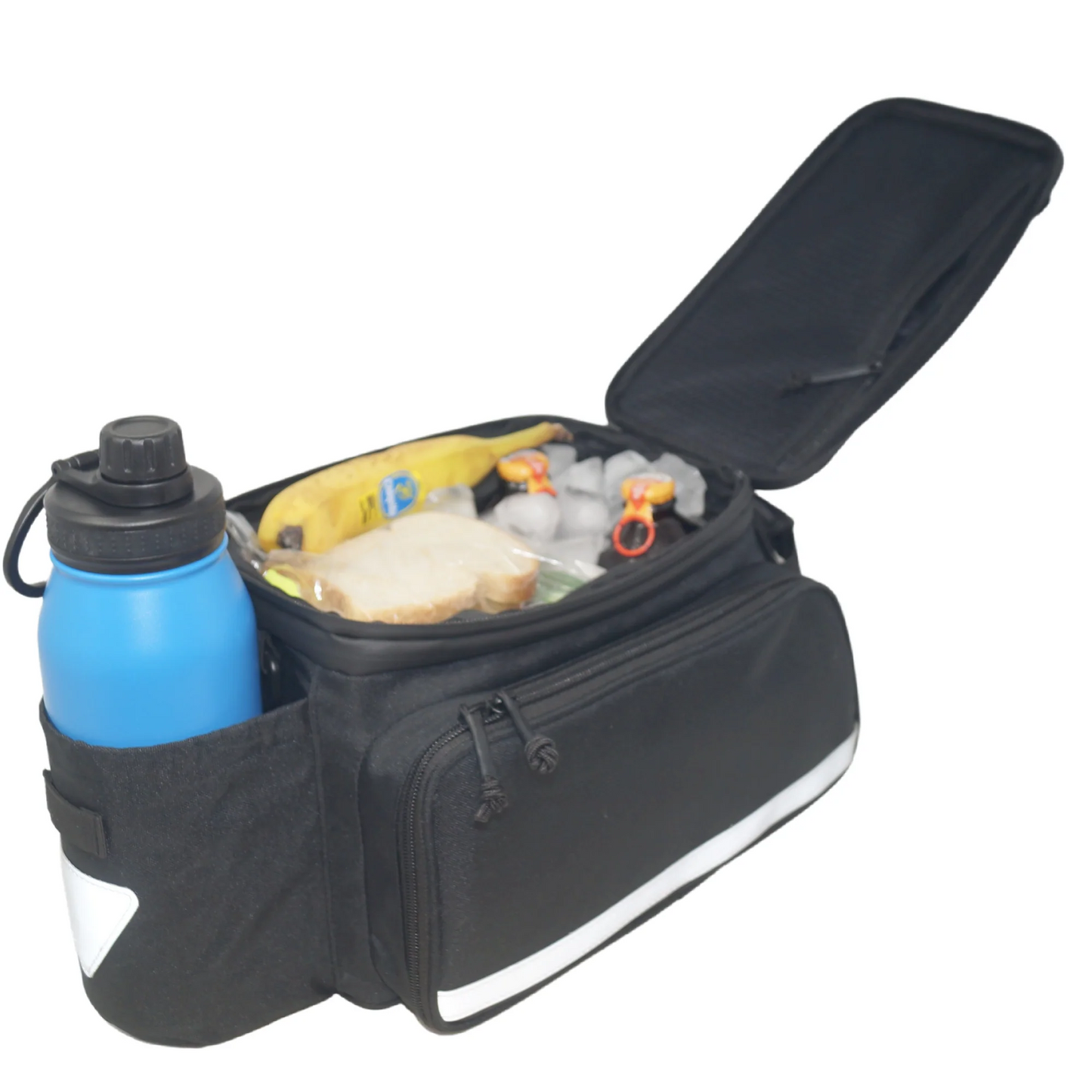 The Bag - Bikase Big Daddy MIK by Bikase is a black insulated lunch bag made of durable 600D polyester. It features an open main compartment showcasing a sandwich, banana, snack packs, and a side pocket holding a water bottle. With multiple zippered compartments and adjustable storage, it ensures ample space for essentials.