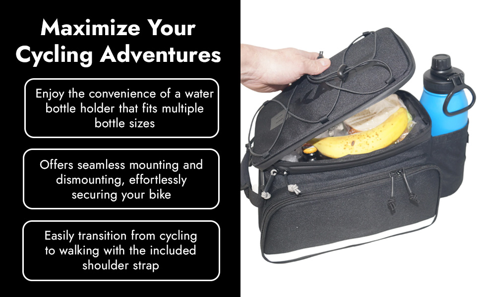 A person holding the open top of a black Bikase Big Daddy MIK bag made from 600D polyester, revealing a banana and other items inside. The bag includes a water bottle holder, shoulder strap, and offers adjustable storage. Adjacent text highlights the Bikase Big Daddy MIK's features, including rack top mounting.