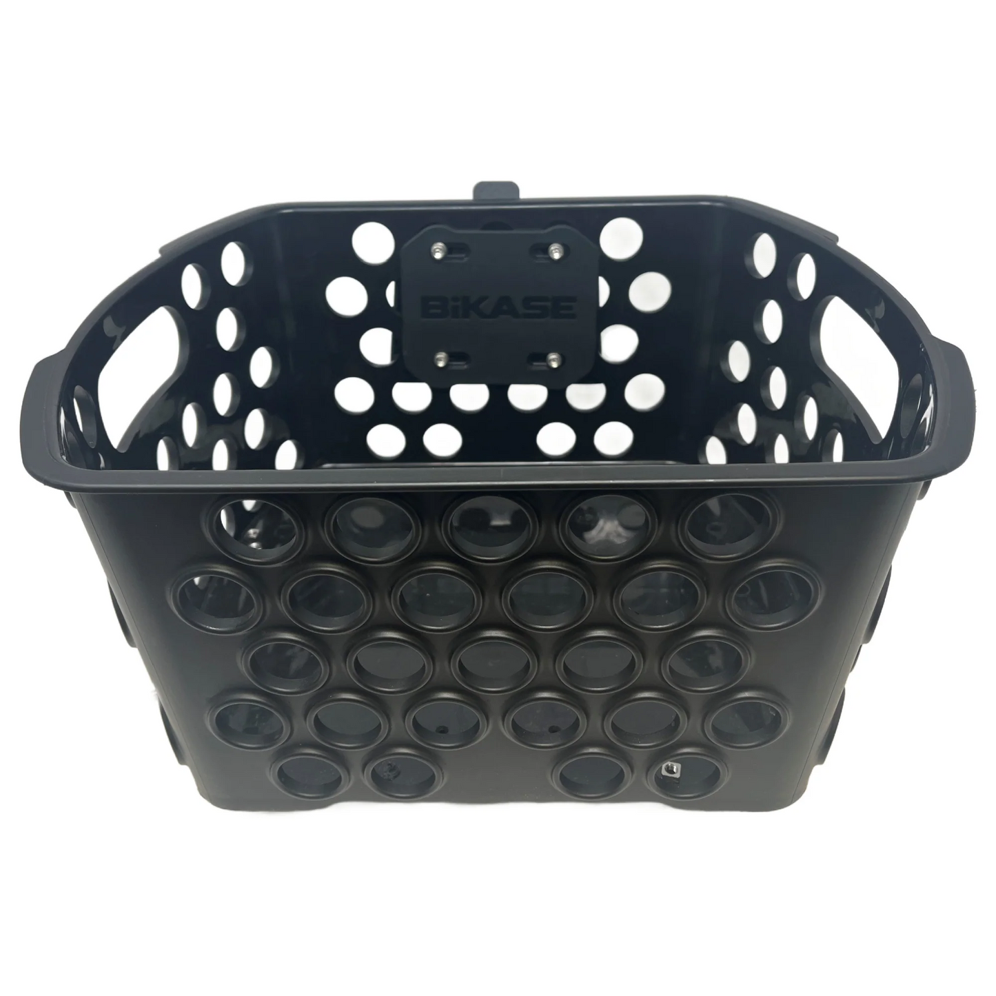 The "Front Basket - Bikase" by Bikase is a black perforated plastic storage basket with handles on either side. It features a universal handlebar attachment and an adjustable clamp, along with a mount attachment point labeled "BIKASE" in the center for easy installation.