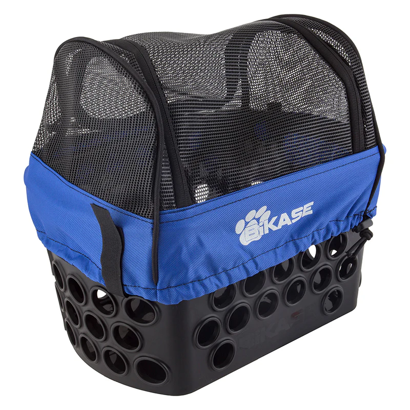 A blue and black Bicycle Pet Carrier with a mesh top, a solid bottom featuring multiple ventilation holes, and a logo on the side that reads "Bikase." Ideal for rides, this Basket Cover for Pets from Bikase can easily fit in your DairyMan Rear Basket for secure transport.