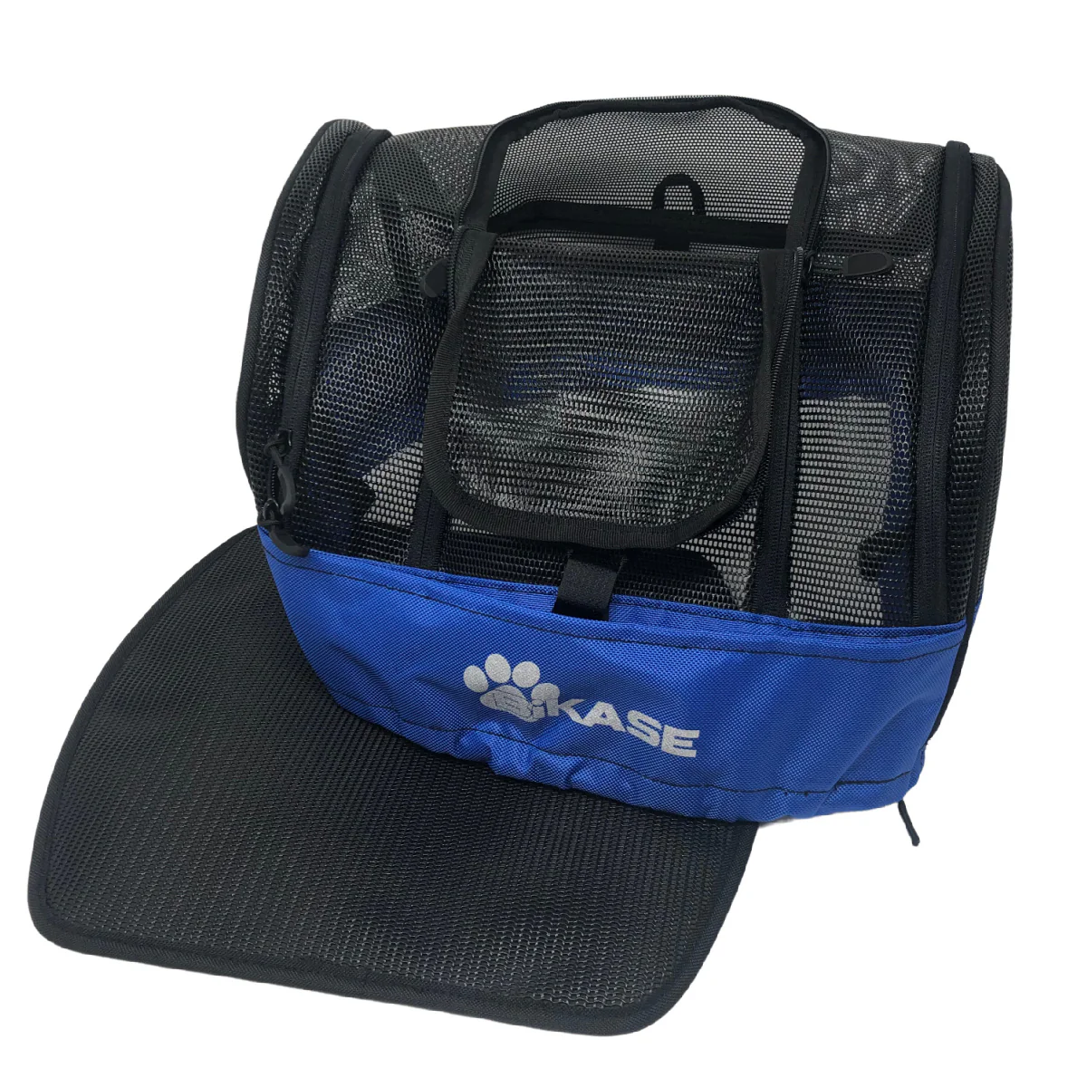 A Basket Cover for Pets from Bikase, featuring a blue and black design with mesh windows and a partially open zippered front flap, is shown. The word "Bikase" and a paw print are printed on the side.