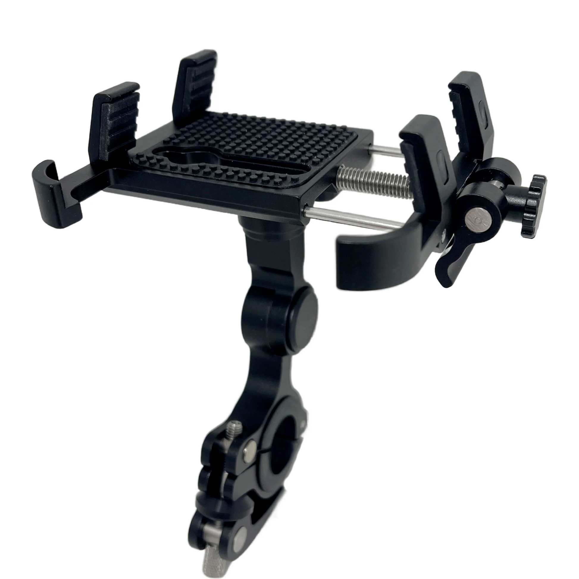 The BiKASE Cell Phone Holder - Bikase BikGrip is a black, adjustable handlebar mount with clamp and screw mechanism, designed for secure, universal fit on e-bikes or any bike.