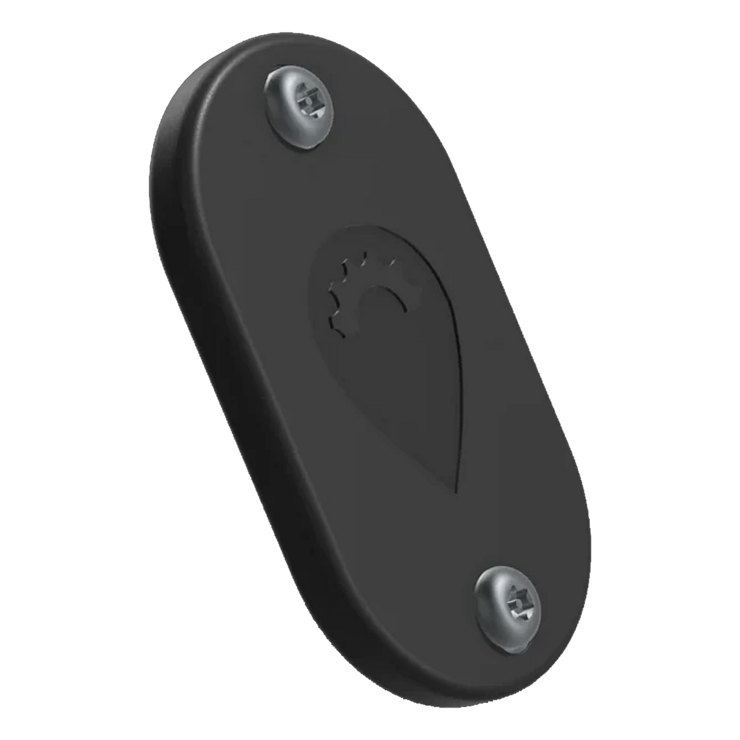 The BikeBac Tracker by BikeBac is a black, oval electronic eBike tracker with two metal screws at each end and an embossed central logo.