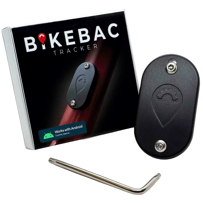 The BikeBac Tracker by BikeBac is shown with its packaging and an Allen wrench. The box displays "BikeBac Tracker" and notes Android device compatibility—perfect for dependable eBike tracking.
