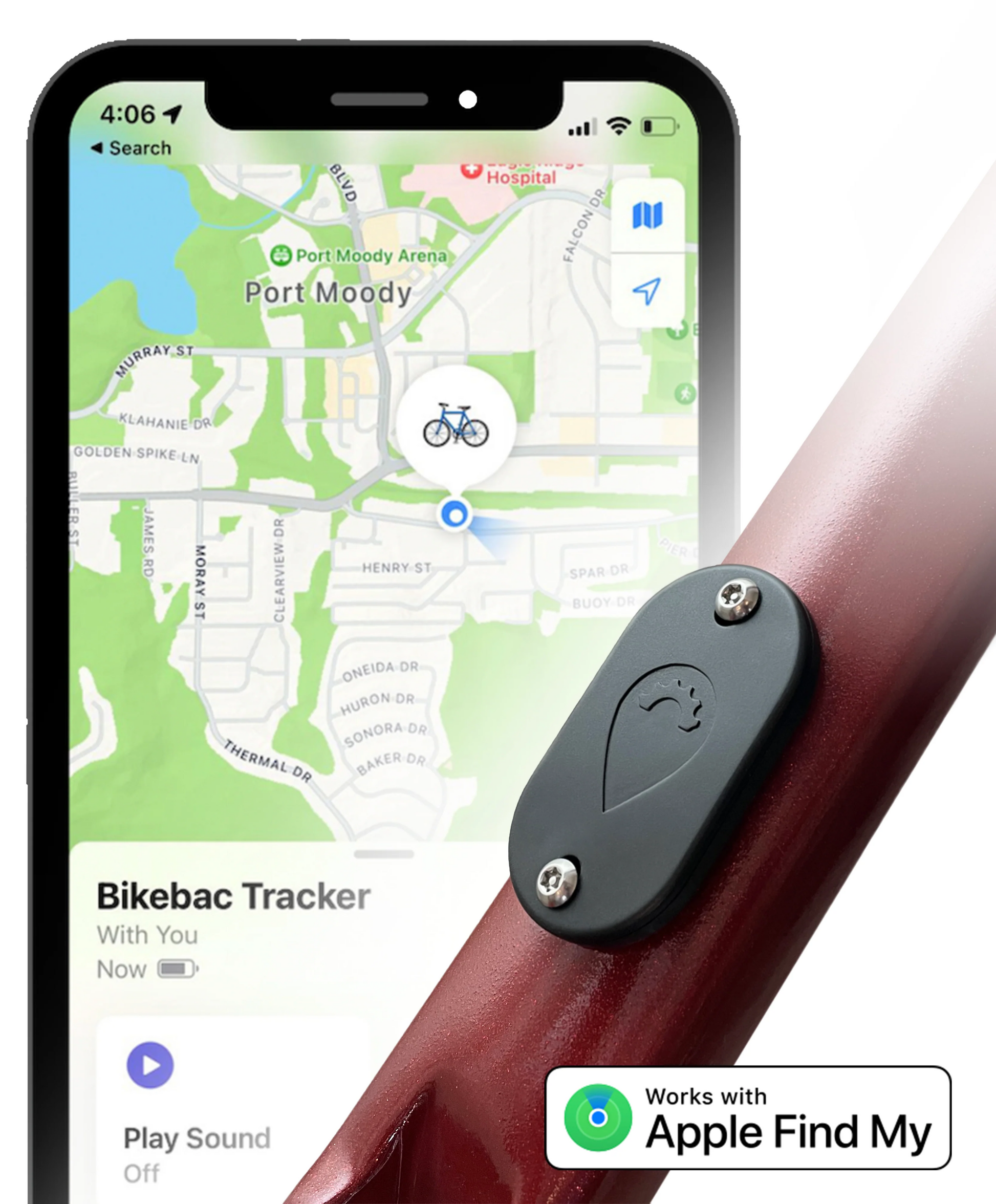 A smartphone displays a map with a bike's location next to a close-up of the BikeBac Tracker by BikeBac on the frame. The "Works with Apple Find My" badge highlights this advanced GPS tracker for seamless bike tracking.