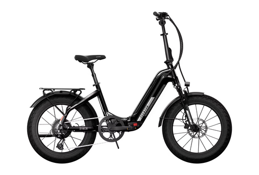 The Aventon Sinch 2.5 is a black electric bike with a powerful motor, thick tires, step-through frame, extended range, and rear cargo rack.