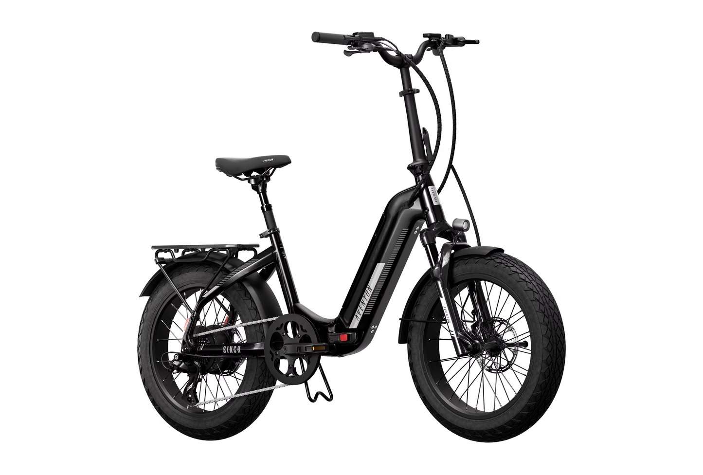 The stylish Aventon Sinch 2.5 e-bike features extended range, fat tires, a step-through frame, rear rack, and front and rear fenders, all powered by a robust motor. It stands confidently against a white background.