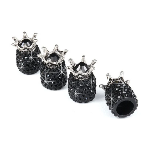 EPWR Valve Gems - Onyx Crowns: four black, rhinestone-studded crown-shaped charms in a row on white—ideal as sparkling bike valve stem caps.