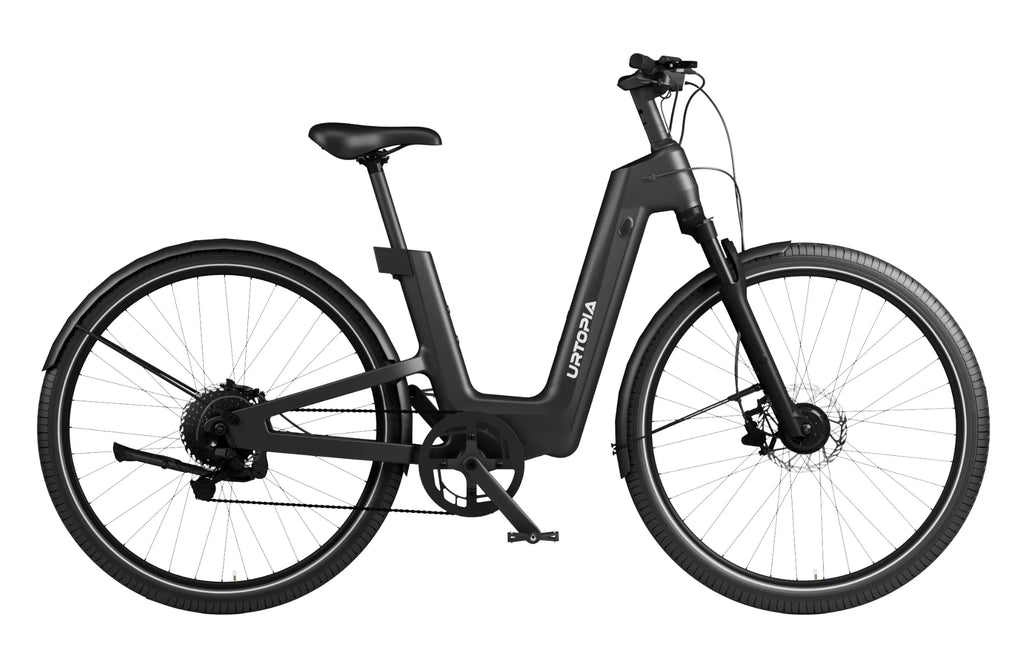 The Urtopia Carbon Fusion GT is a sleek, black step-thru eBike with a carbon frame, disc brakes, straight handlebars, and medium-width tires. Its 750W motor ensures a smooth ride and effortless cruising.