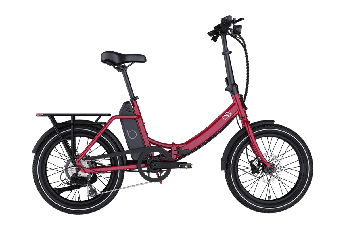 Blix Vika X by Blix: a red commuter eBike with a step-through frame, rear cargo rack, mid-mounted battery, and black wheels, shown on a plain white background.