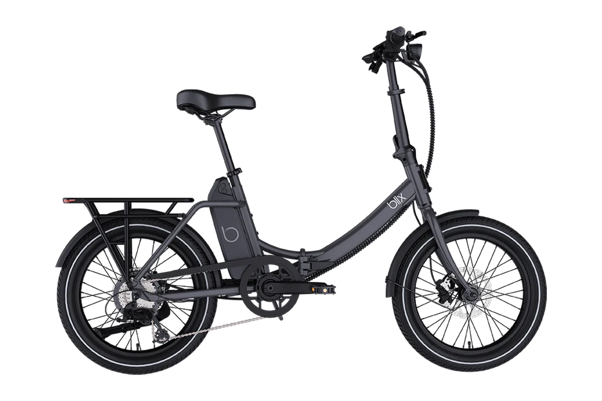 The Blix Vika X by Blix, a black folding electric bike with front and rear fenders, a rear cargo rack, and a frame-mounted battery, is shown in profile on a white background.