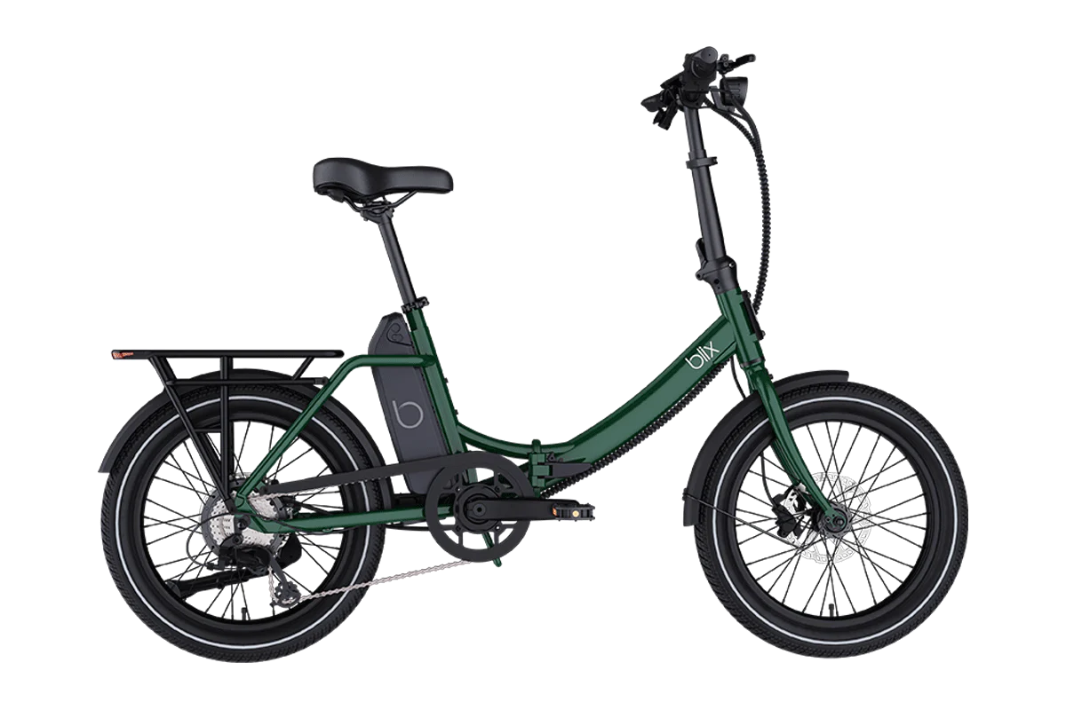 The Blix Vika X by Blix is a green commuter eBike with a step-through frame, rear cargo rack, and down-tube mounted battery, shown in profile on a white background.