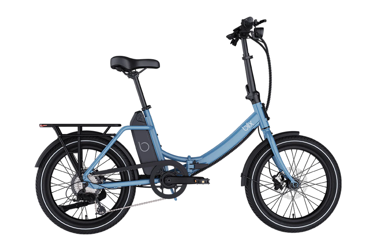 The Blix Vika X by Blix is a blue commuter eBike with a step-through frame, rear cargo rack, and lower tube-mounted battery, shown from the side against a white background.