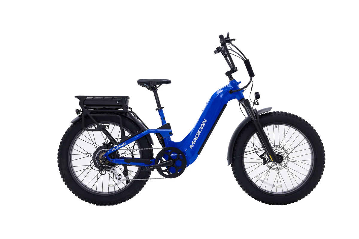 The Magician Alpha by Magician, a blue high-power electric bike with a sturdy frame, front suspension fork, and rear-mounted battery, is photographed on a white background.