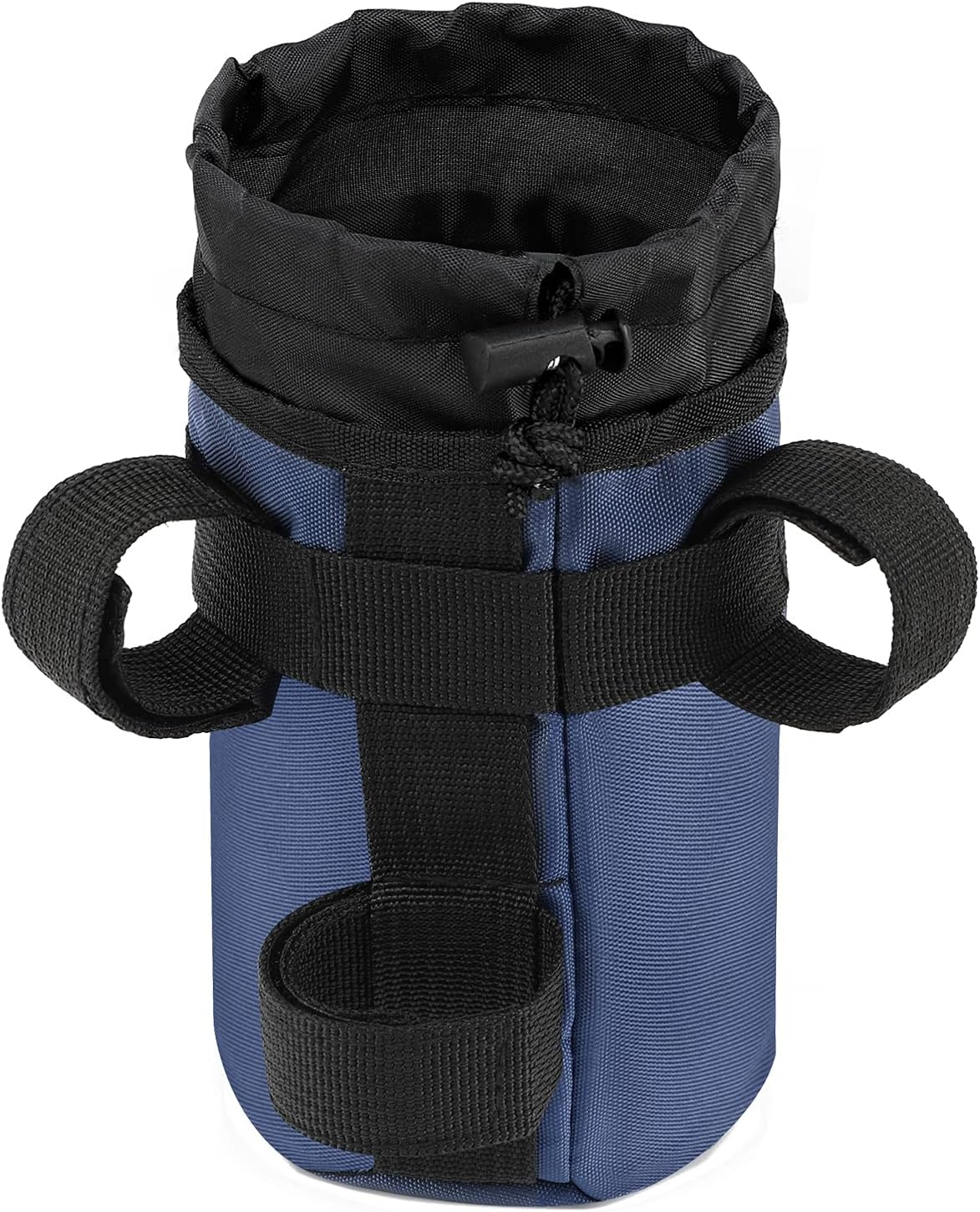 The Tampa Bay eBikes Color Splash Cup/Bottle Holder with Pocket is a blue and black nylon pouch with adjustable straps and drawstring closure, ideal for carrying water bottles or cups on the go.