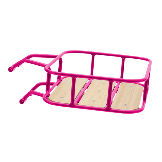 The Front Basket Rack - Bluejay Premiere by Tampa Bay eBikes is a pink metal cargo basket with a wooden base, designed for attachment to electric bicycles, offering increased stability.