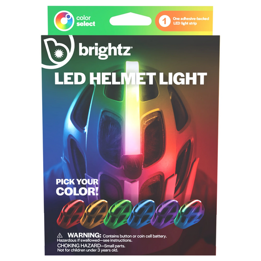 Front of a Helmet Brightz by Brightz package displays a helmet with a multicolor 75 Lumens LED strip, color select ring options, and highlights color selection, rechargeable headlight feature, plus safety warnings.