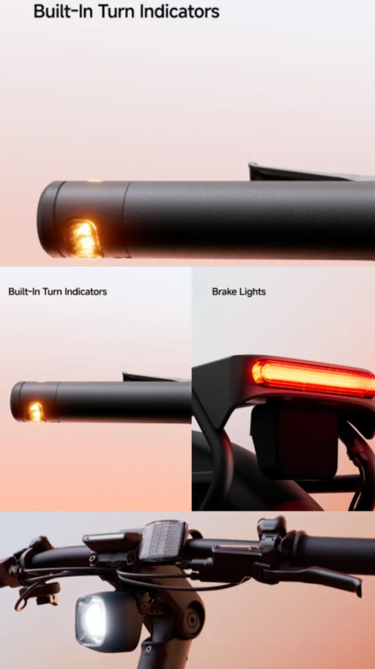 Collage of the Segway Myon by Segway, an electric bike with built-in turn indicators, brake lights, and handlebar headlight—shown in close-ups. Perfect for city rides with its impressive 80-mile range.