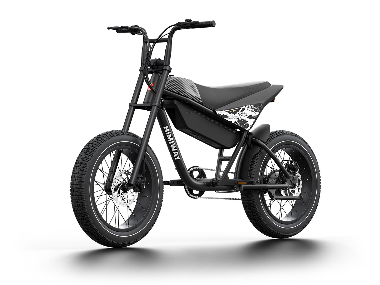 The Himiway - C5 Sport is an affordable eBike featuring a sleek black frame, wide tires, and a minimalist design. Its frame prominently showcases the "Himiway" branding against a plain white background, capturing the spirit of electric biking.