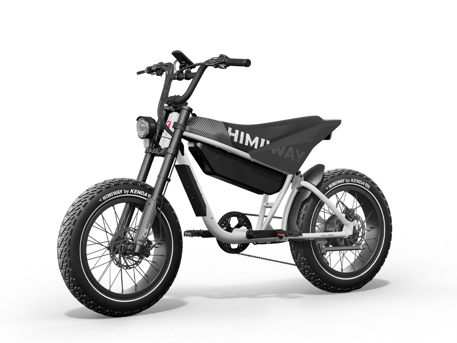 The Himiway - C5 Ultra, an electric bike with a black and white design, features wide tires and a sturdy frame with the brand name "Himiway" on the side, providing extended range for superior comfort on every ride.