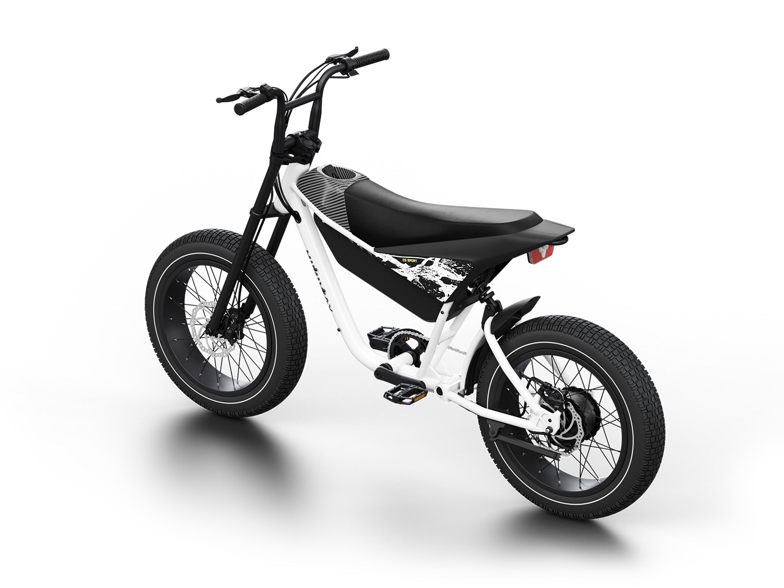 The Himiway - C5 Sport by Himiway offers an affordable and minimalist eBike experience, featuring off-road tires, a sleek black seat, and a white frame. This impressive electric bike is elegantly displayed from the rear angle against a clean white background.