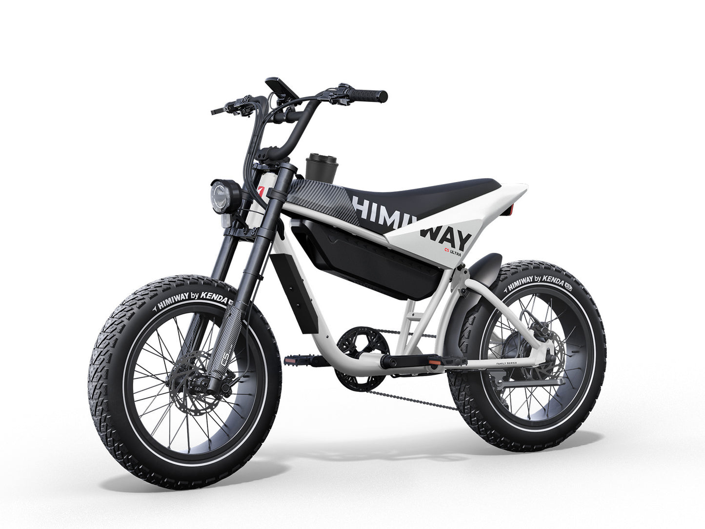 The Himiway - C5 Ultra, an electric bike by Himiway, features a sleek white and black design with an advanced torque sensor, robust tires, and a durable frame standing against a plain white background.