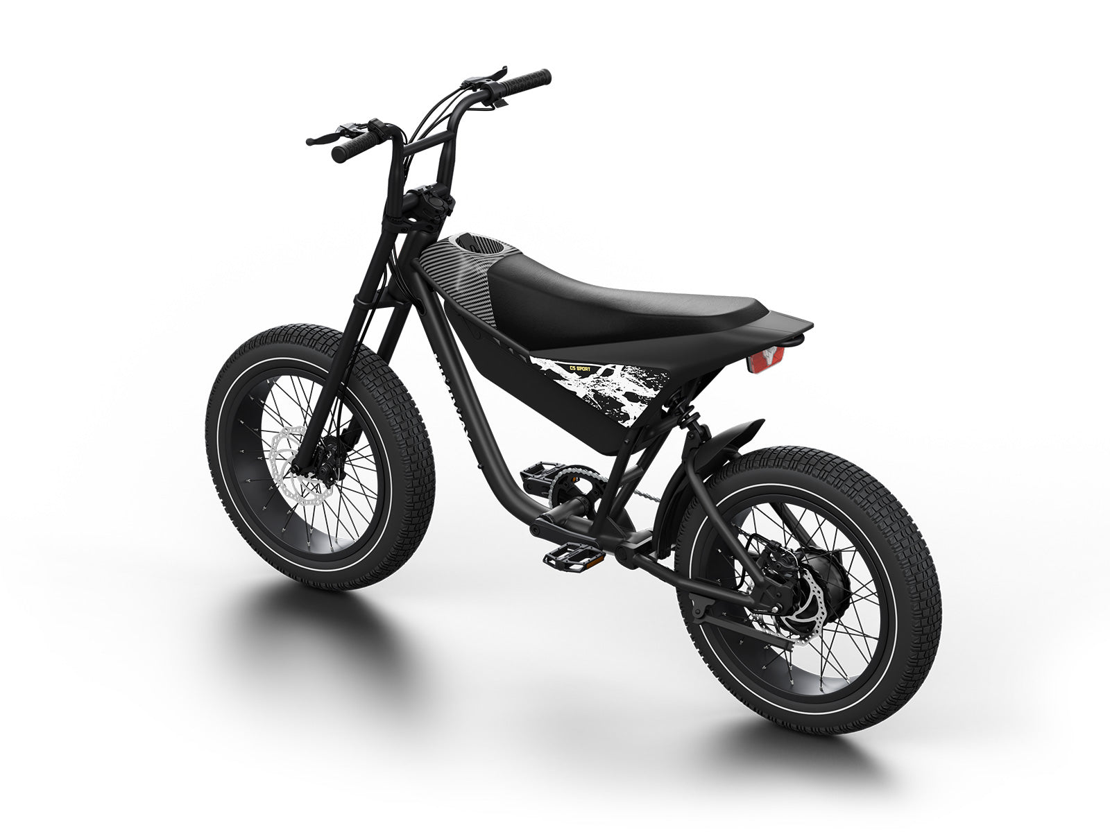 The Himiway - C5 Sport, an eBike that offers both affordability and style, showcases a sleek black design. Its wide tires and minimalist frame are beautifully depicted from a three-quarter rear angle on a white background. Ideal for electric bike enthusiasts, it seamlessly blends elegance with practicality.